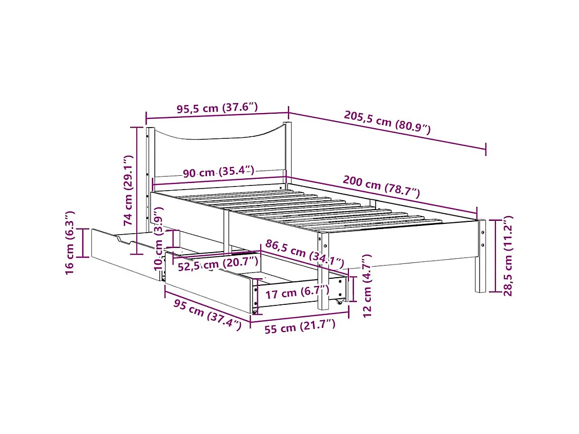 Cadre de lit avec tiroirs 90x200 cm bois de pin massif
