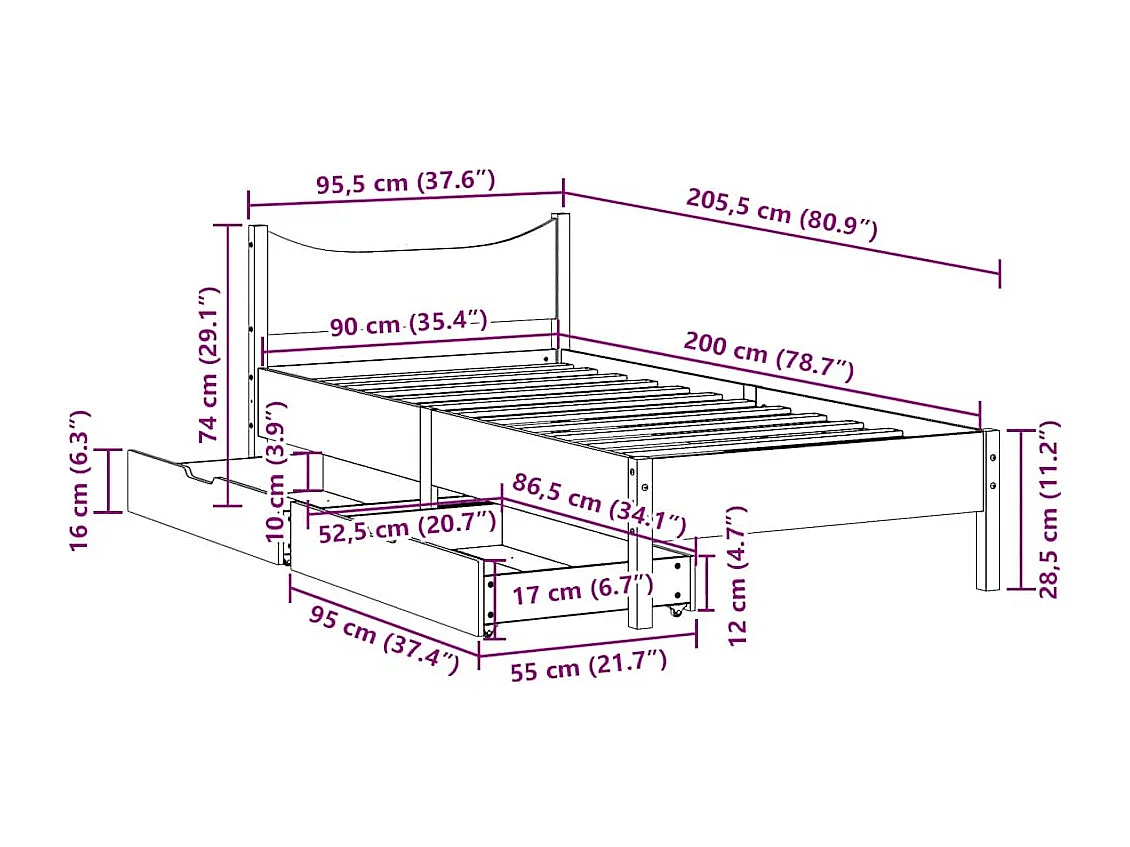 Estrutura de cama c/ gavetas 90x200 cm madeira de pinho maciça