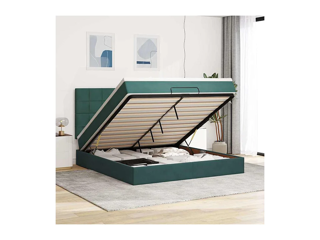 Cadre de lit ottoman avec matelas vert foncé 160x200 cm velours