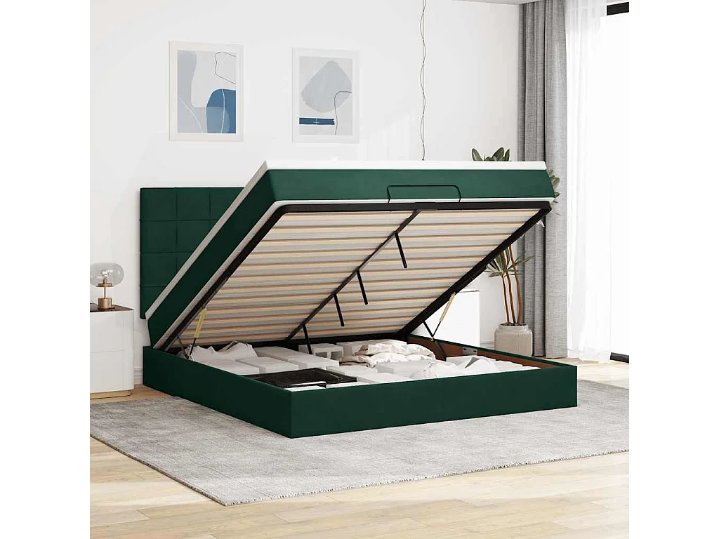Ottoman-Bett mit Matratzen & LEDs Dunkelgrün 160x200 cm Samt