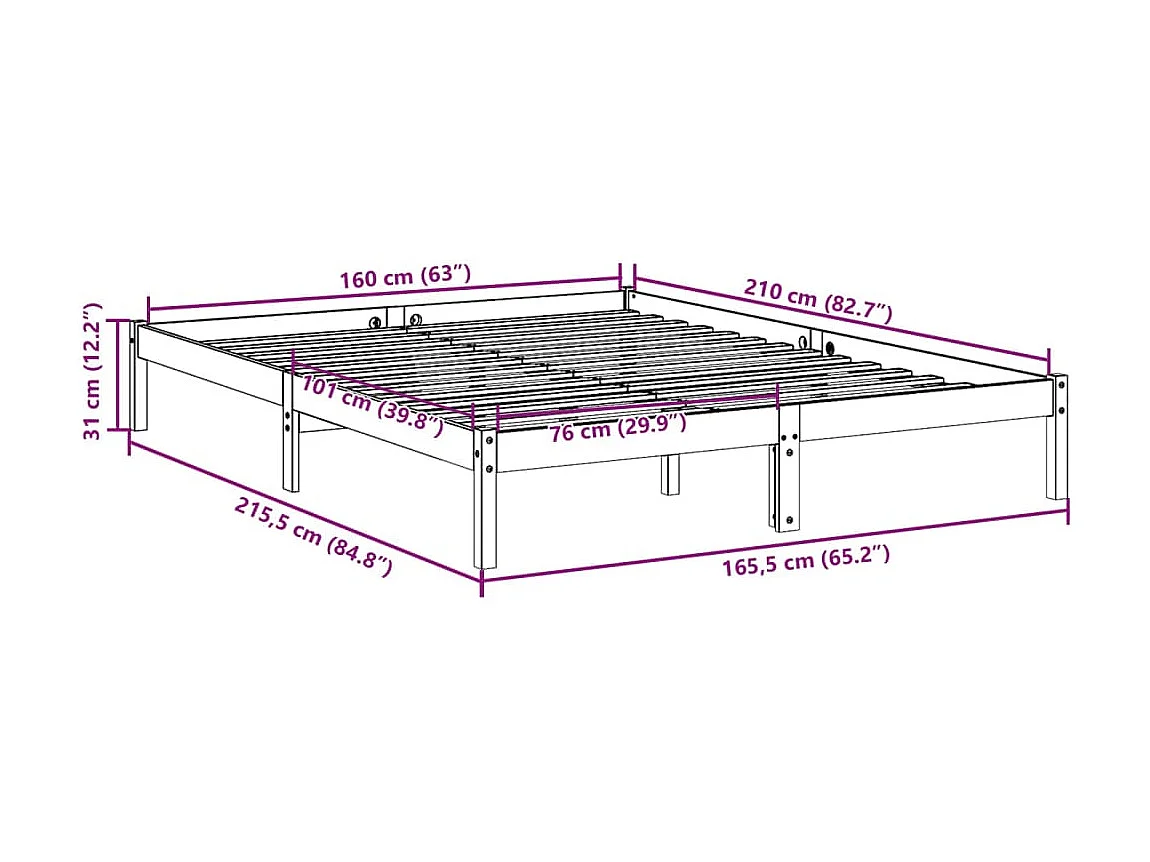 Letto Extra Lungo senza Materasso 160x210 cm in Legno di Pino