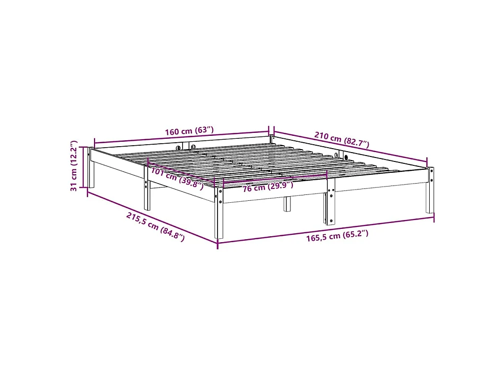 Cadre de lit extra long sans matelas 160x210 cm bois massif pin