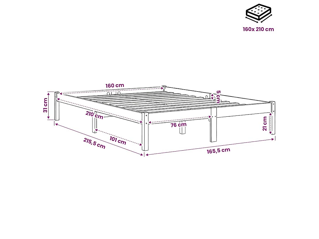 Letto Extra Lungo senza Materasso 160x210 cm in Legno di Pino