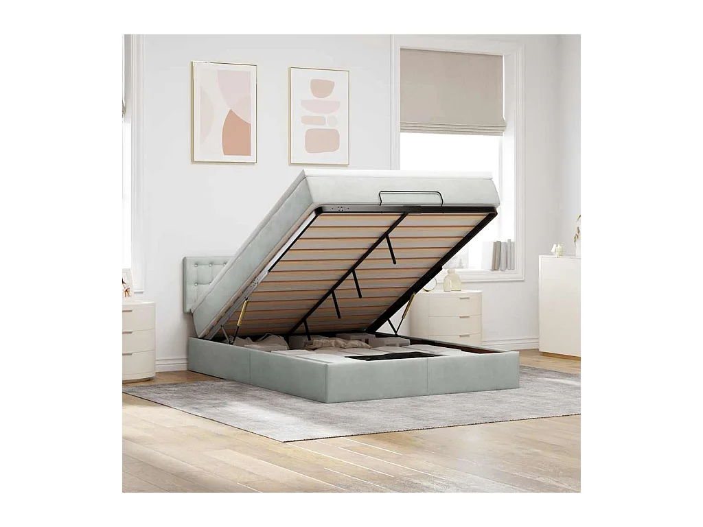 Cadre de lit ottoman et matelas gris clair 140x190 velours