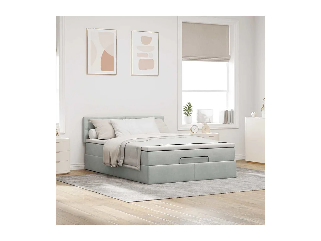 Cadre de lit ottoman et matelas gris clair 140x190 velours