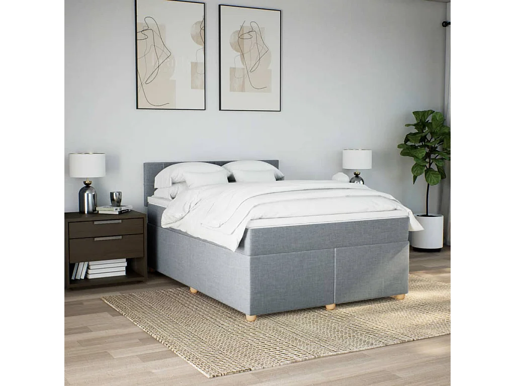 Cama box spring con colchón tela gris claro 140x190 cm