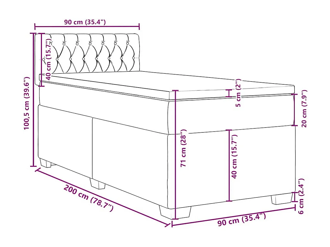 Cama box spring con colchón terciopelo azul 90x200 cm