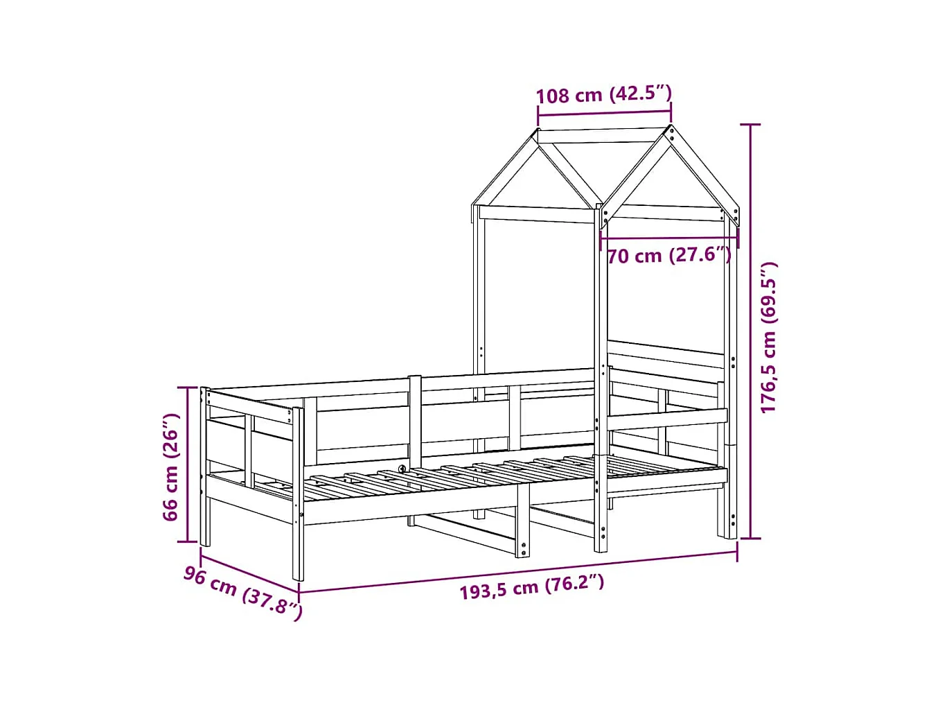 Sofá cama con techo madera maciza de pino 90x190 cm