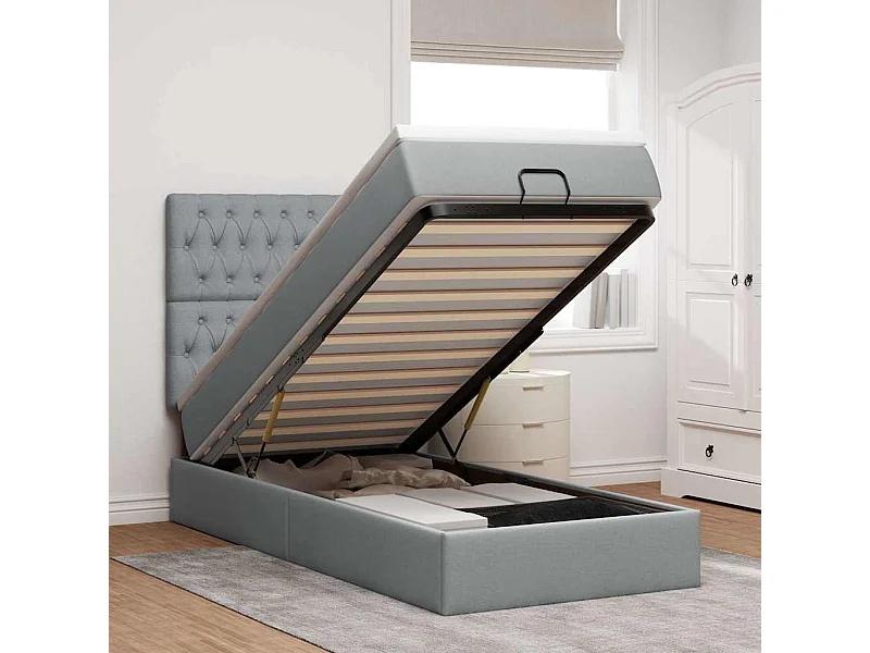 Estructura de cama otomana con colchón tela gris claro 90x190cm