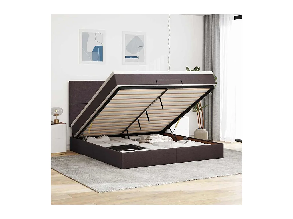 Cadre de lit ottoman avec matelas marron foncé 180x200 cm tissu