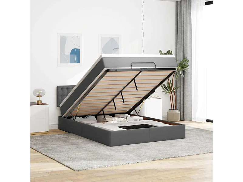 Cama otomana con colchón gris oscuro 140x190 cm tela