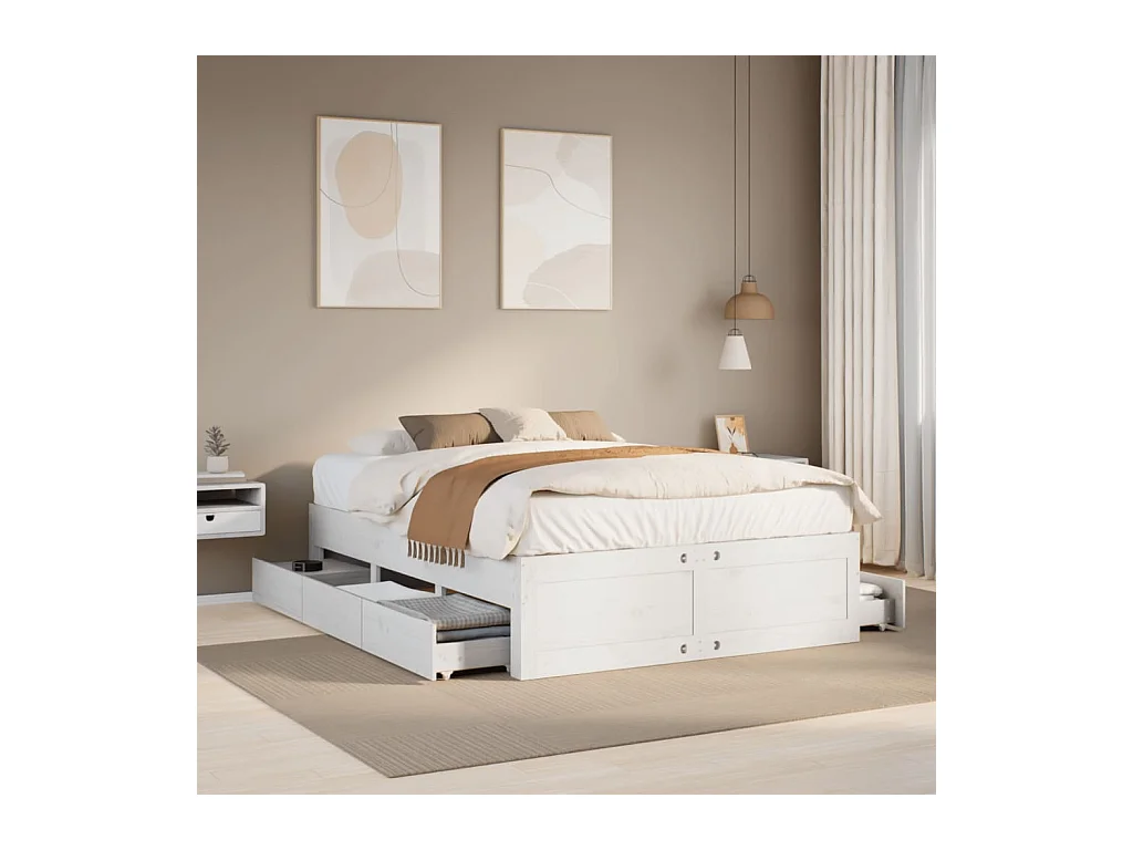 Cadre de lit sans matelas avec tiroirs blanc 140x200cm bois pin
