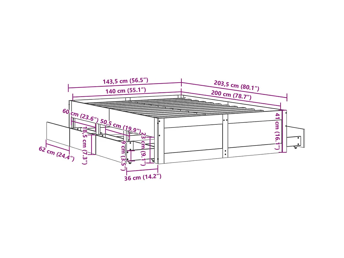 Cadre de lit sans matelas avec tiroirs blanc 140x200cm bois pin