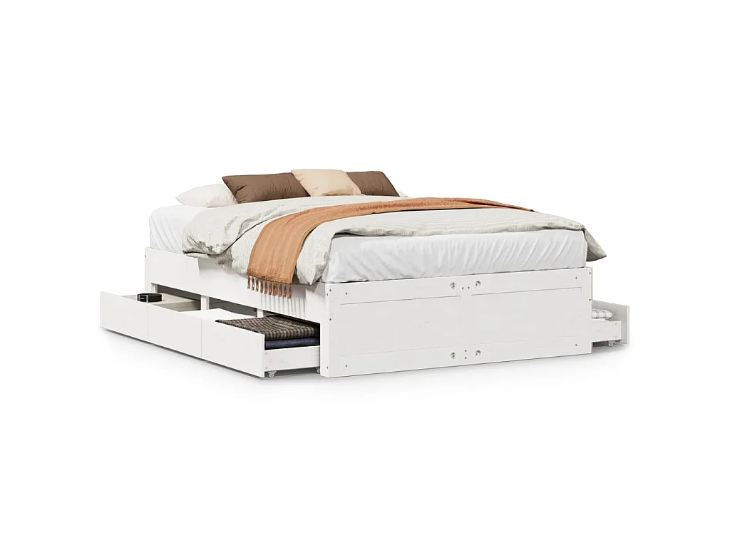 Cadre de lit sans matelas avec tiroirs blanc 140x200cm bois pin