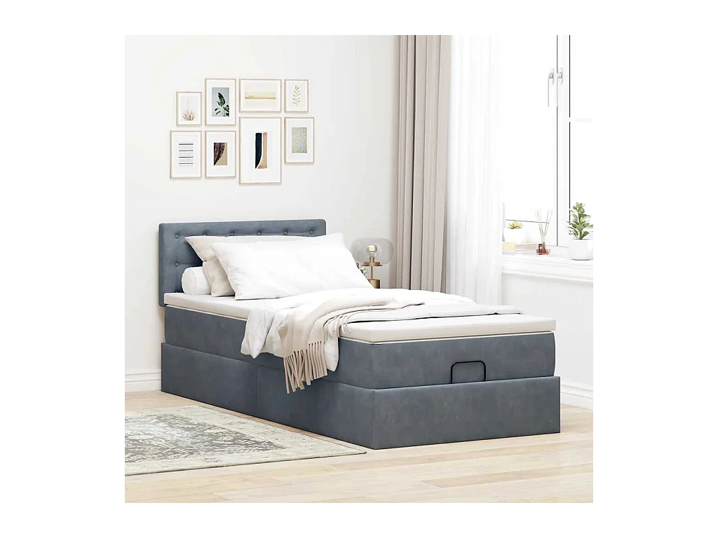 Cadre de lit ottoman avec matelas gris foncé 100x200 cm velours