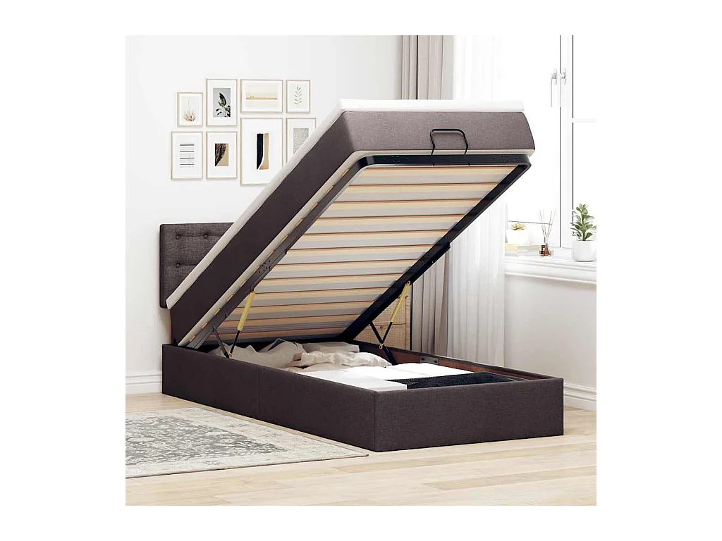 Lit ottoman avec matelas et LED marron foncé 90x200 cm tissu