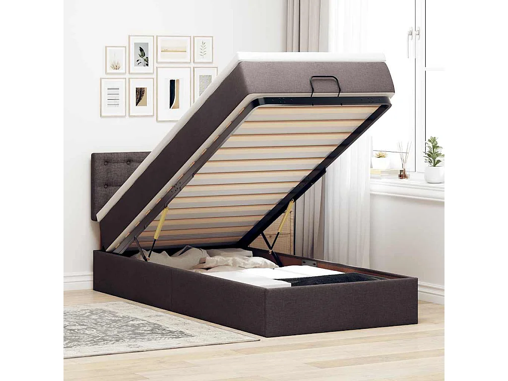 Lit ottoman avec matelas et LED marron foncé 90x200 cm tissu