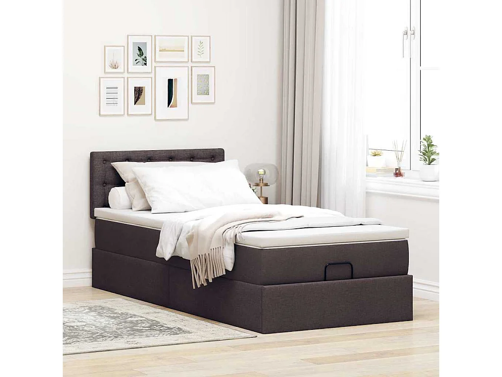 Pouf Letto con Materasso e LED Marrone Scuro 90x200 cm Tessuto