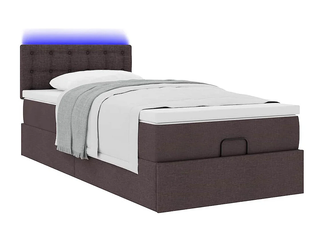 Pouf Letto con Materasso e LED Marrone Scuro 90x200 cm Tessuto