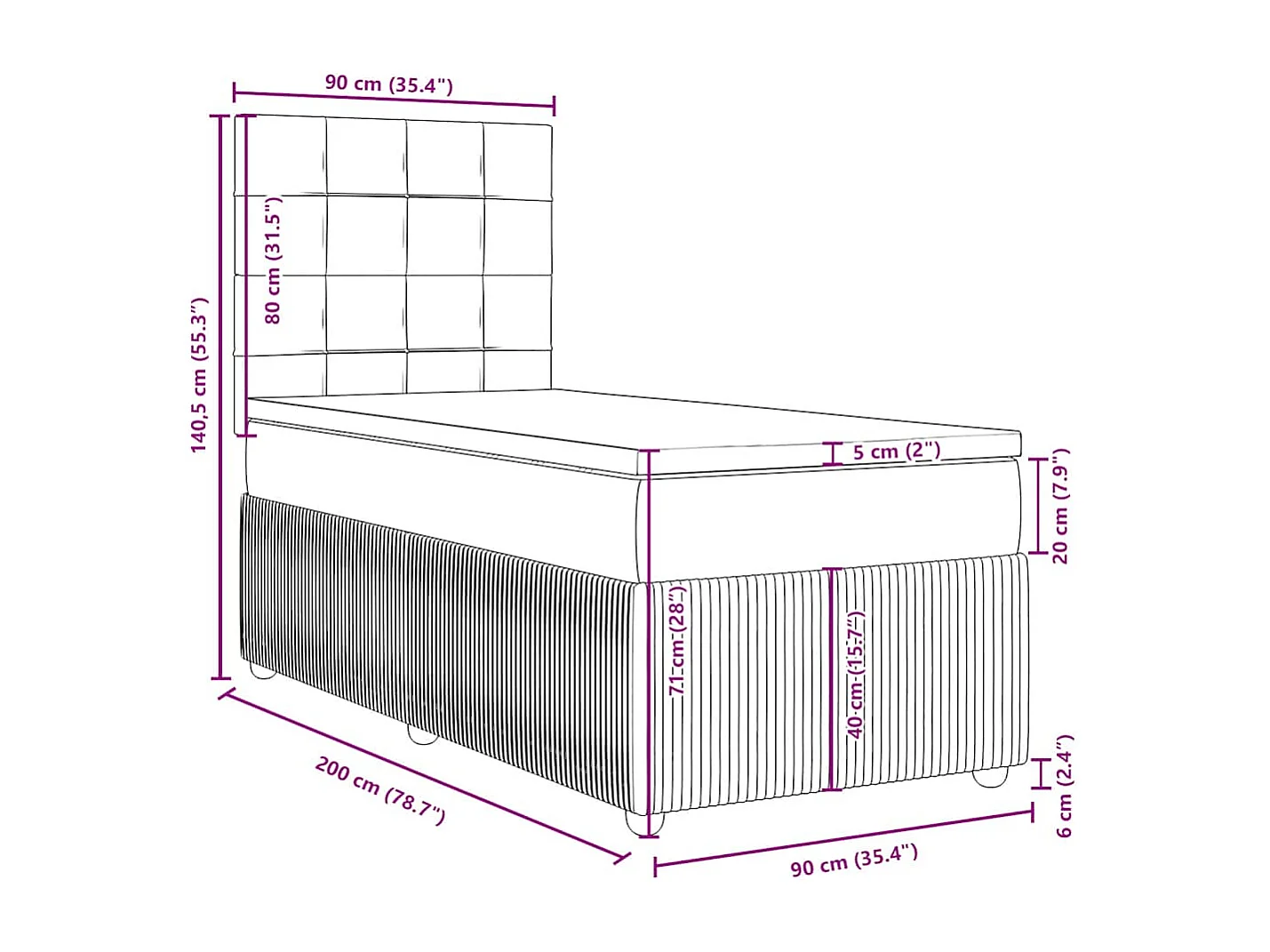 Sommier à lattes de lit avec matelas Noir 90x200 cm Tissu