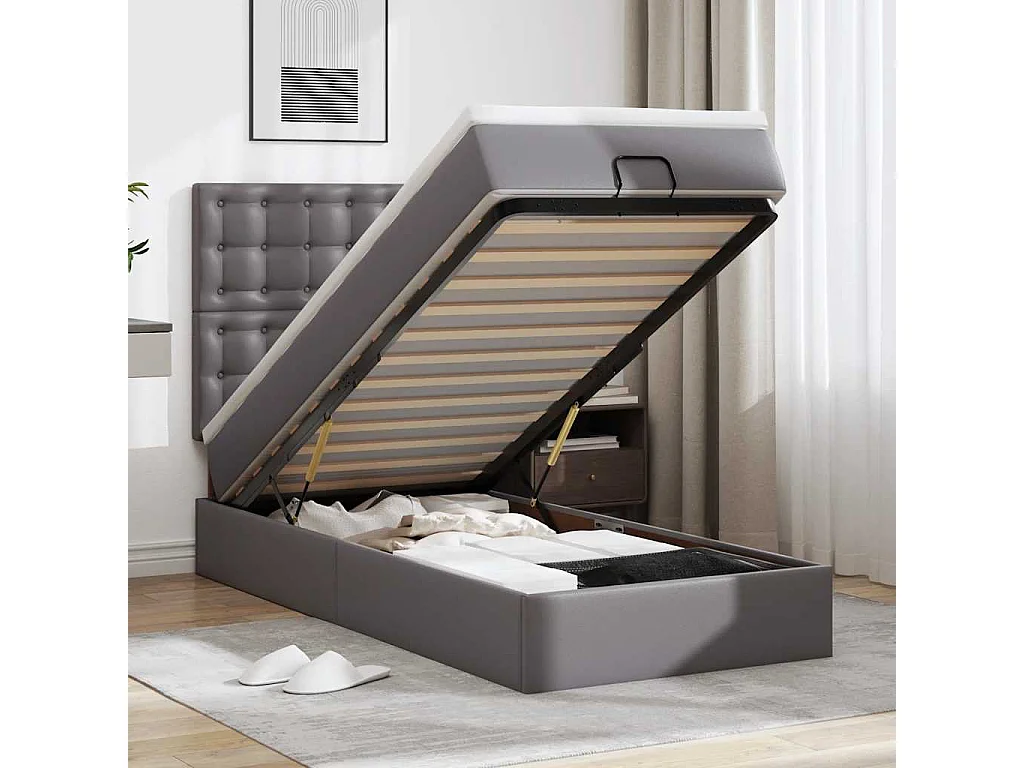 Struttura Letto Pouf con Materasso Grigio 90x200 cm Similpelle