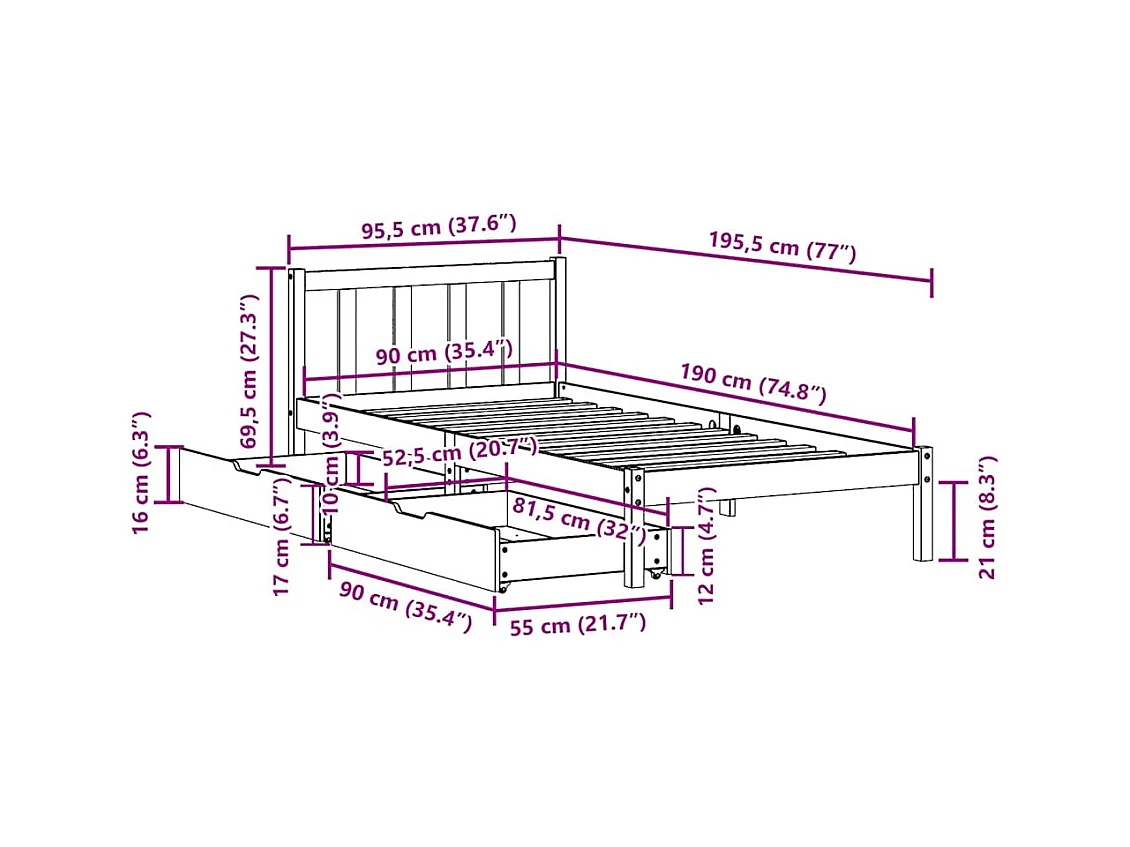 Cadre de lit sans matelas blanc 90x190 cm bois de pin massif