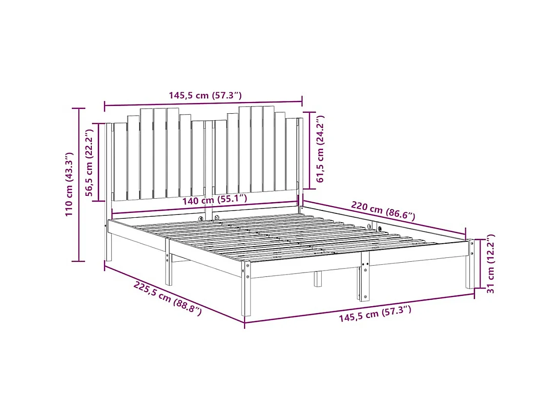 Cadre de lit extra long sans matelas 140x220 cm bois massif