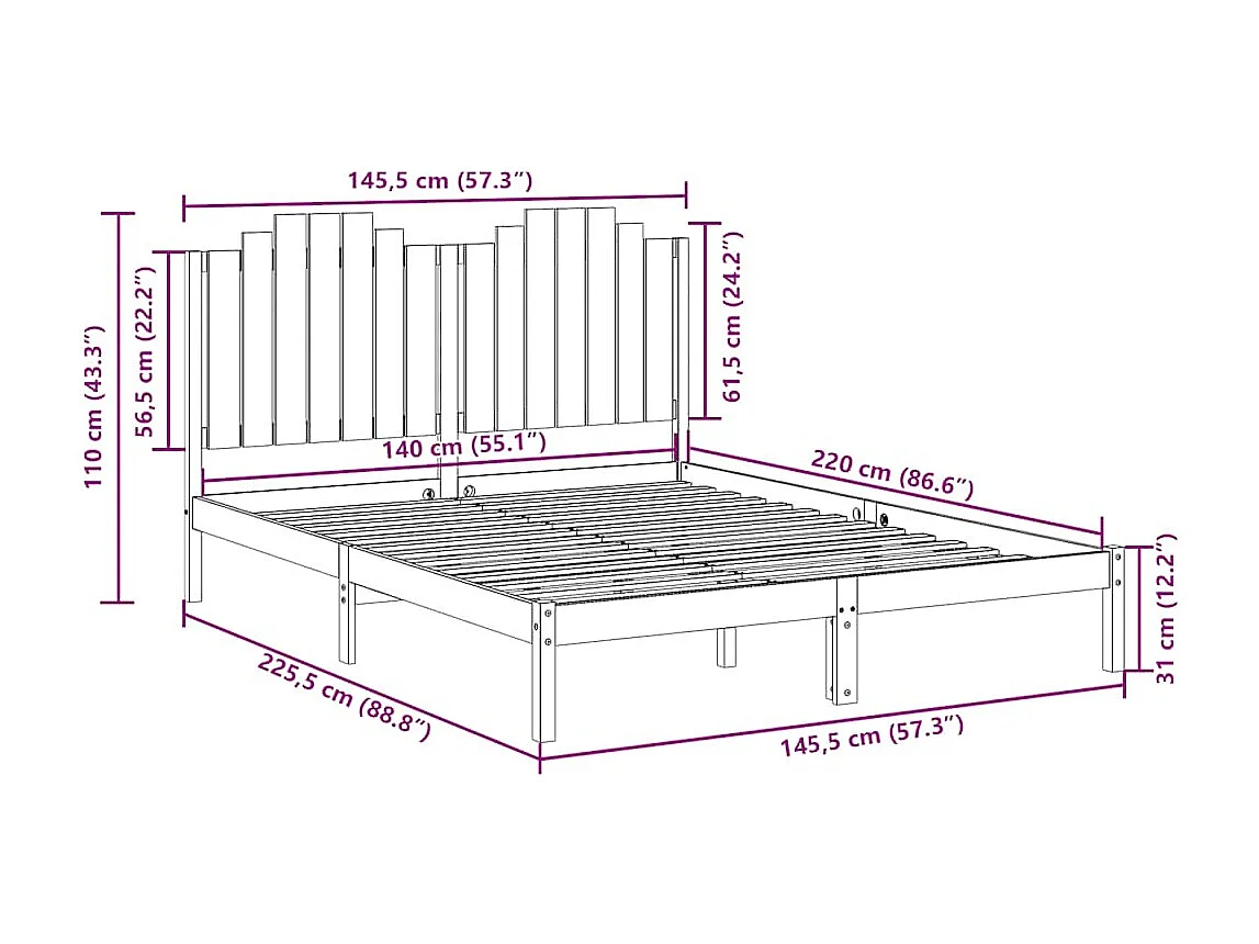Massivholzbett Extra Lang ohne Matratze 140x220 cm