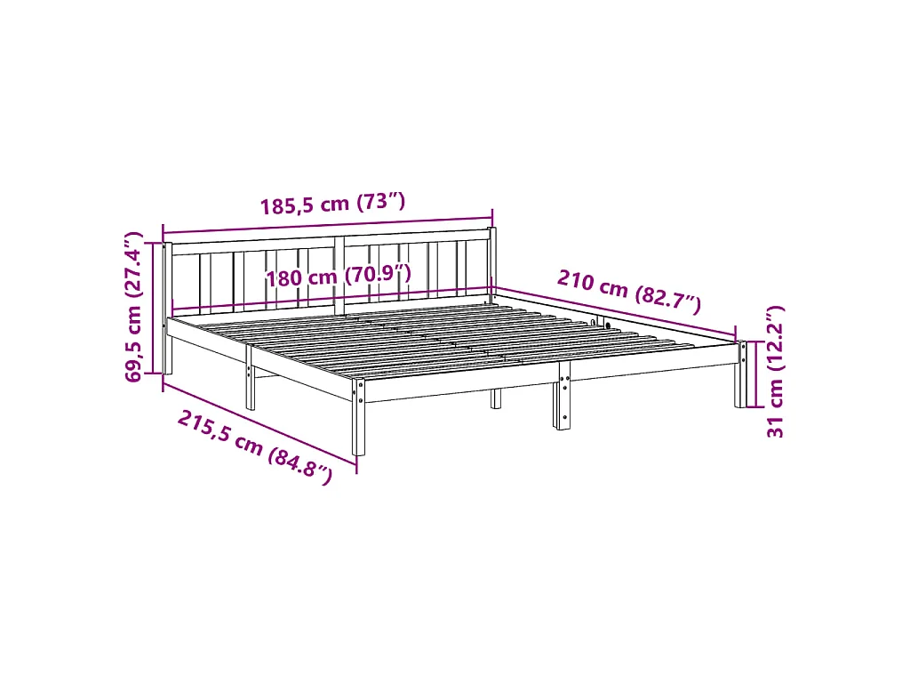 Bedframe extra lang zonder matras grenenhout wit 180x210 cm