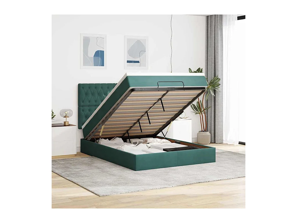Cadre de lit ottoman avec matelas vert foncé 140x200 cm velours