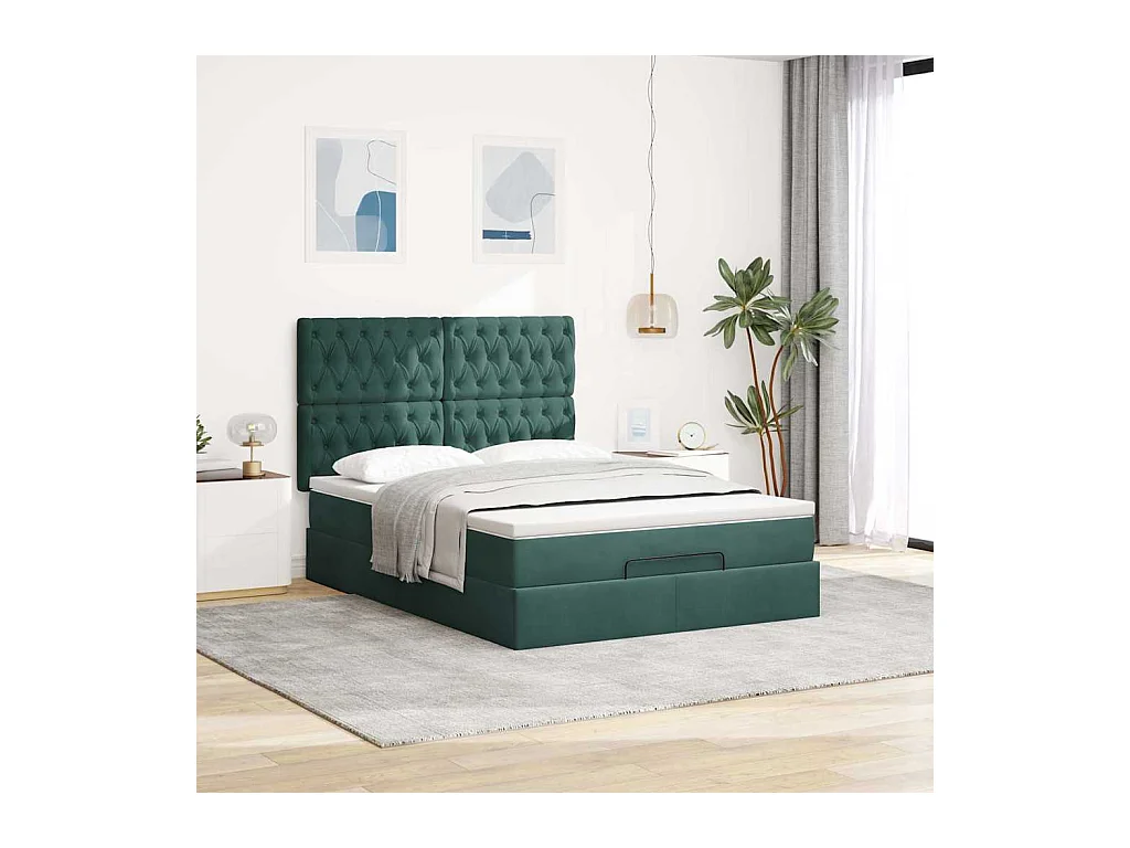 Cadre de lit ottoman avec matelas vert foncé 140x200 cm velours