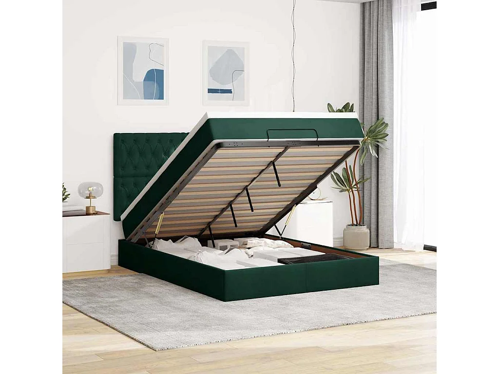 Ottoman-Bett mit Matratzen & LEDs Dunkelgrün 140x200 cm Samt