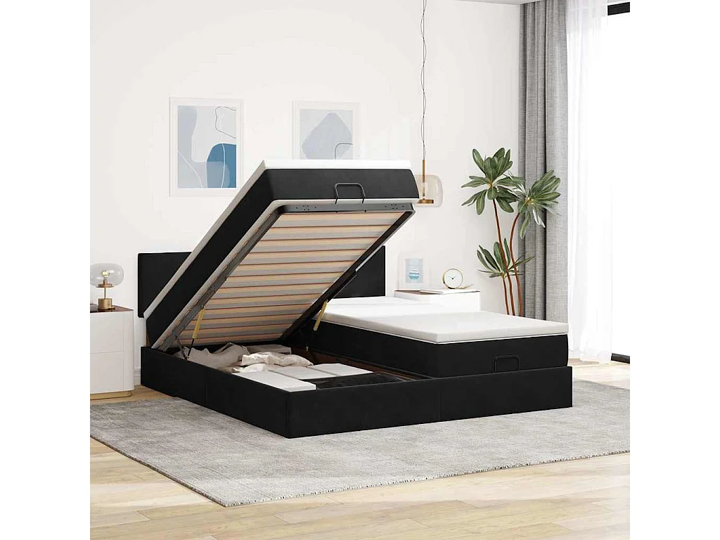 Struttura Letto Pouf con Materassi Nero 180x200 cm in Velluto