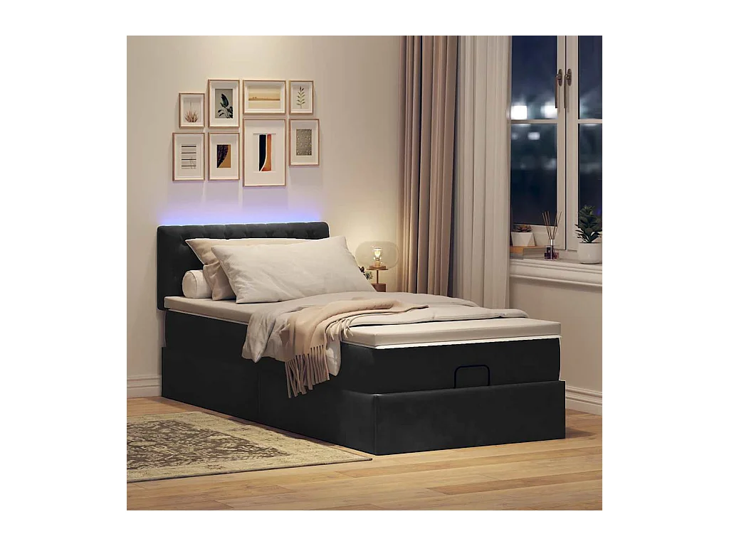 Ottoman-Bett mit Matratze & LEDs Schwarz 90x190 cm Samt
