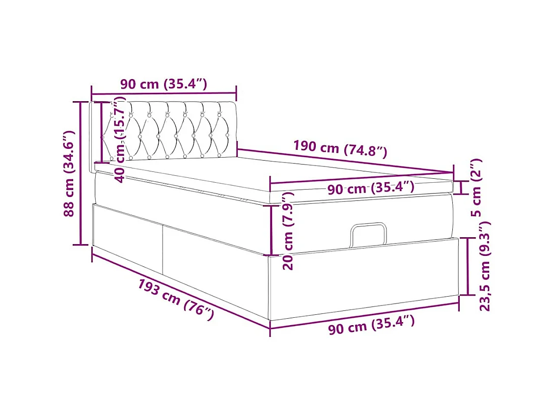 Ottoman-Bett mit Matratze & LEDs Schwarz 90x190 cm Samt