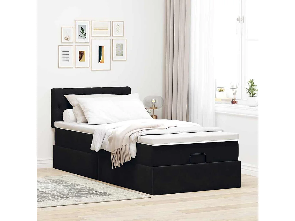 Ottoman-Bett mit Matratze & LEDs Schwarz 90x190 cm Samt