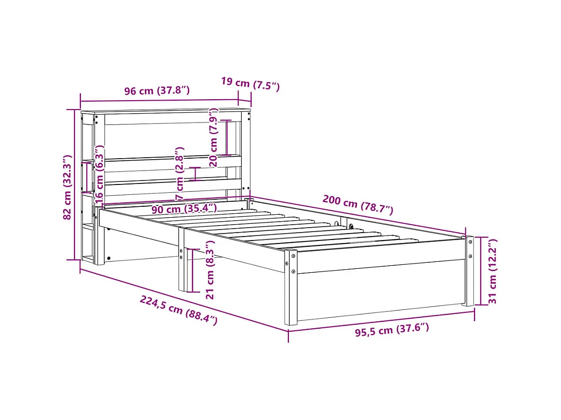 Bedframe met hoofdbord massief grenenhout 90x200 cm