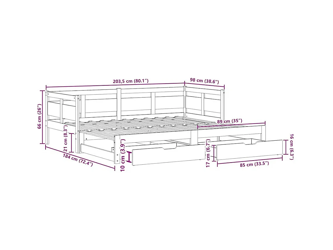 Tagesbett Ausziehbar mit Schubladen ohne Matratze 90x200 cm
