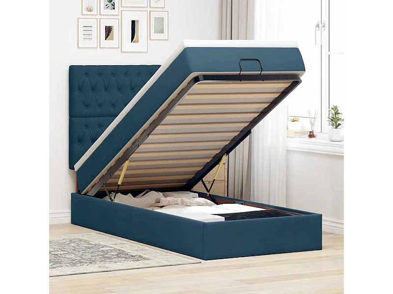 Estrutura cama otomana com colchões azul escuro 90x190cm veludo