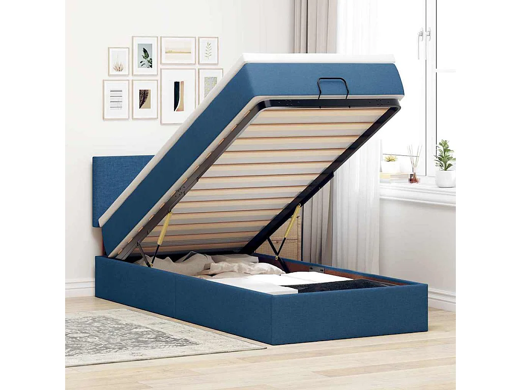 Lit ottoman avec matelas bleu 90x200 cm tissu