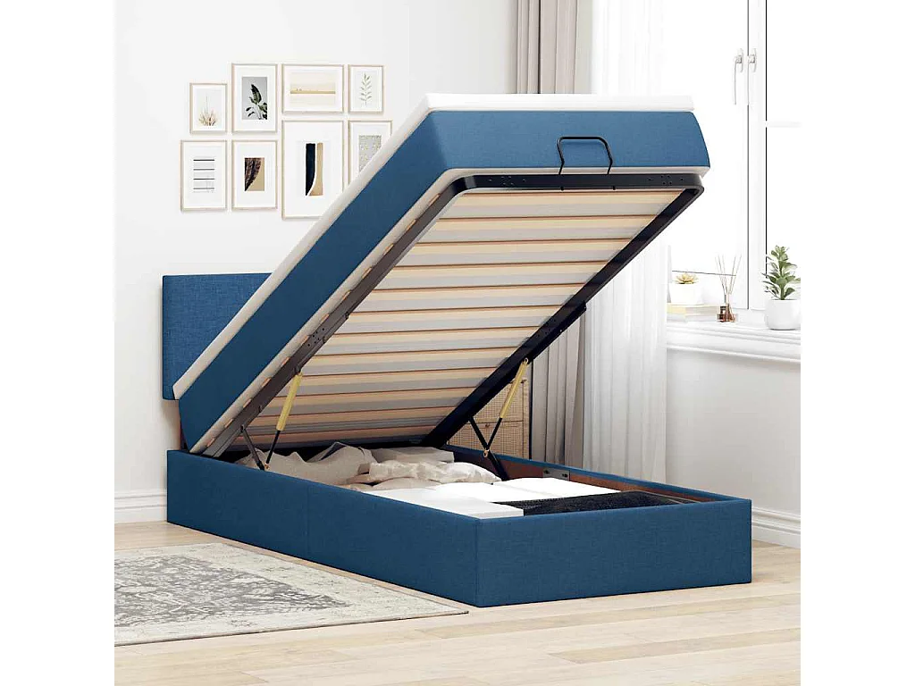 Lit ottoman avec matelas bleu 90x200 cm tissu