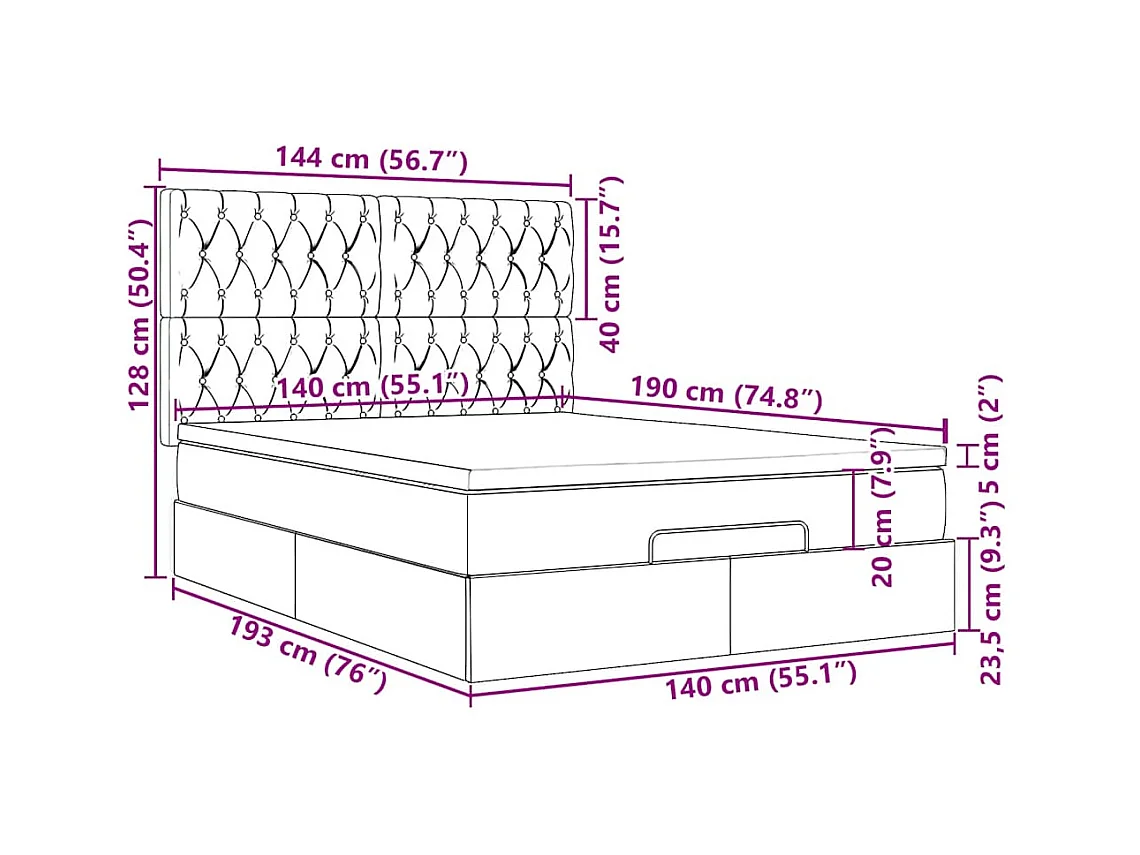 Cadre de lit ottoman avec matelas bleu foncé 140x190 cm velours