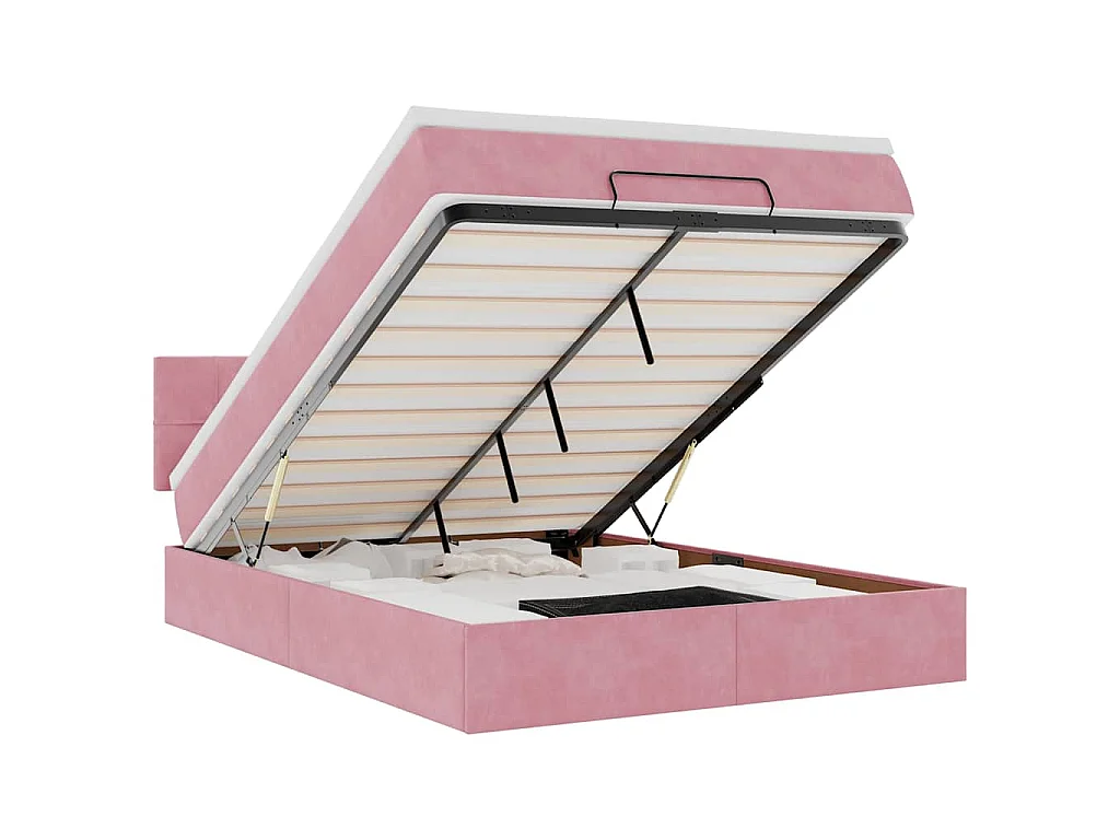 Estructura cama otomana colchón terciopelo rosa 140x200cm