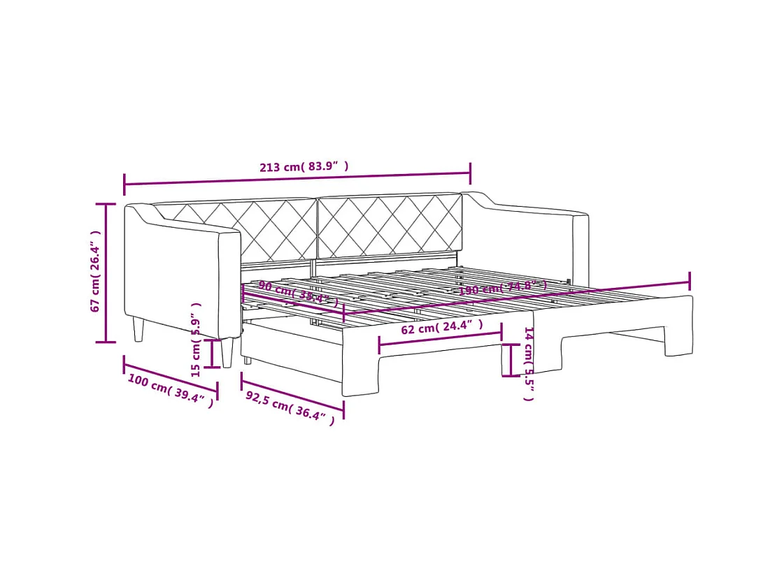 Lit de jour avec lit gigogne gris clair 90x190 cm tissu