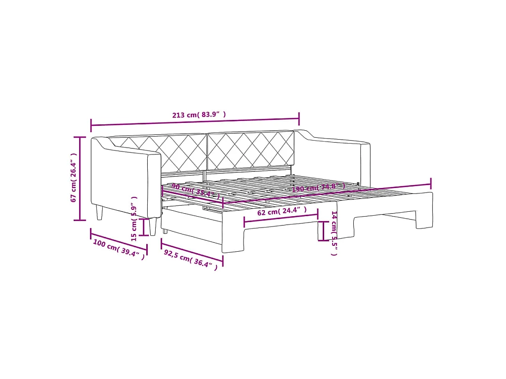 Slaapbank met onderschuifbed 90x190 cm stof lichtgrijs