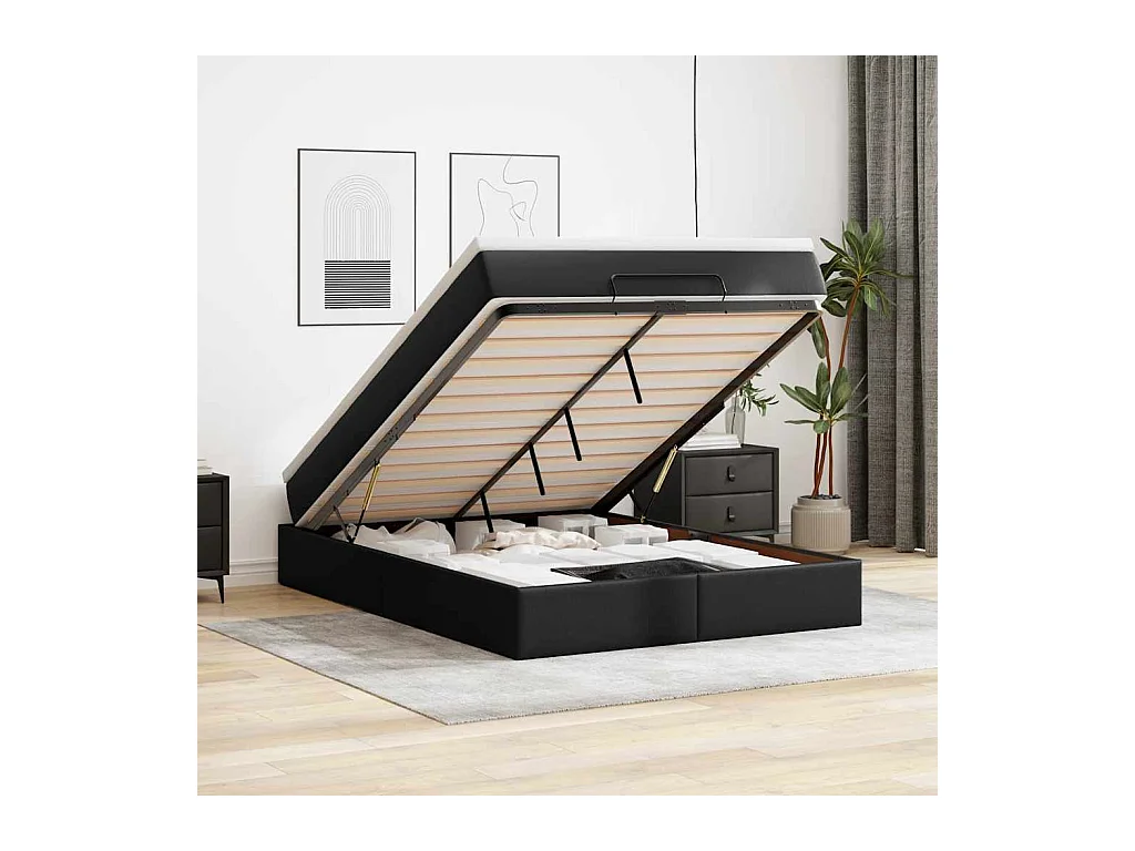 Struttura Letto Pouf con Materasso Nero 140x200 cm Similpelle
