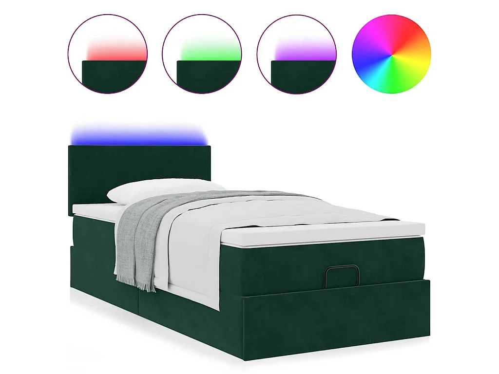 Cama otomana con colchón y LED terciopelo verde oscuro 90x200cm