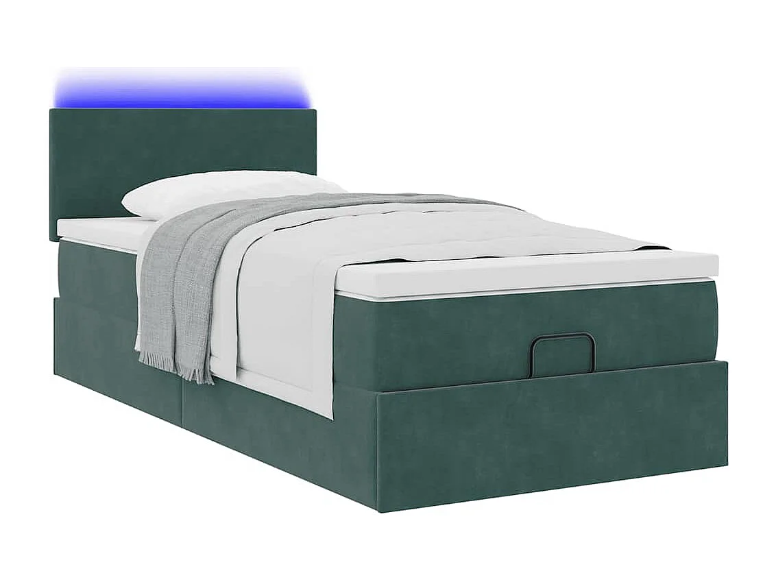Cama otomana con colchón y LED terciopelo verde oscuro 90x200cm