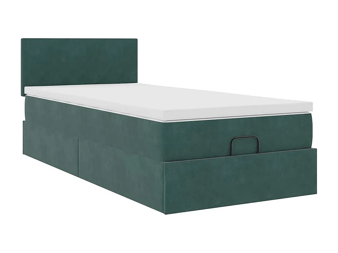 Cama otomana con colchón y LED terciopelo verde oscuro 90x200cm