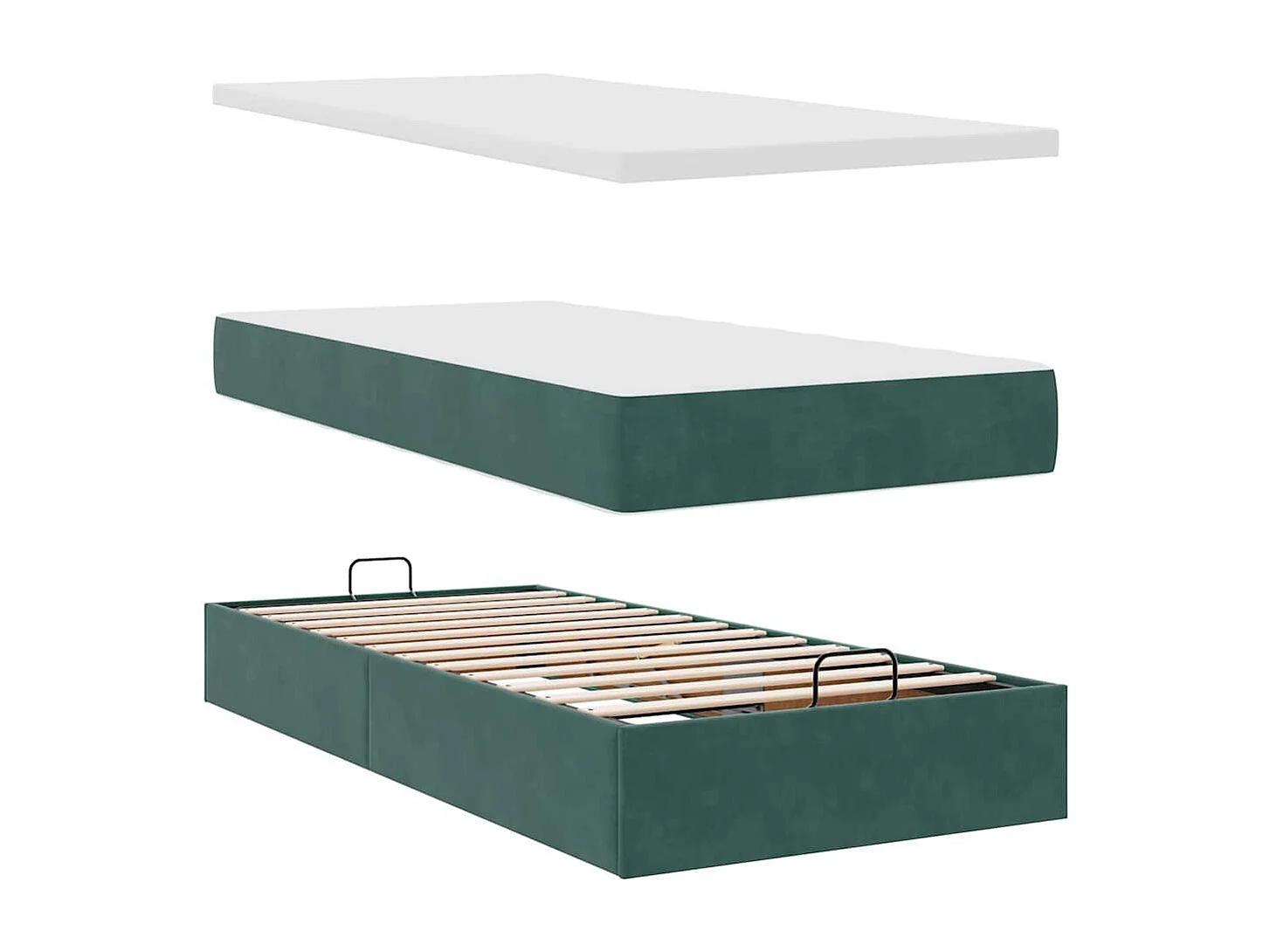 Cama otomana con colchón y LED terciopelo verde oscuro 90x200cm